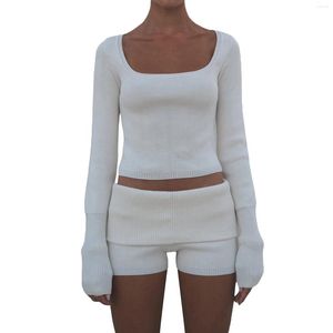 Women's Tracksuits Women Knit Ribbed Short Sets Y2k Slim Long Sleeve Tops And Shorts Outfits 2 Pieces Soft Comfortable Matching