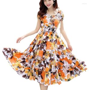 Party Dresses Bohemia Dress Spring Summer Fashion Women Short Sleeve Elastic Waist High Quality Floral Print Elegant Cotton