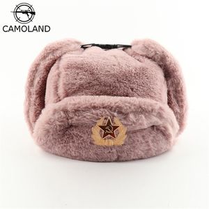 Trapper Chapéus Camoland Mulheres Soviético Emblema Russo Ushanka Piloto Bomber Hat Mens Faux Fur Exército Militar Inverno Earflap Snow Caps 231219