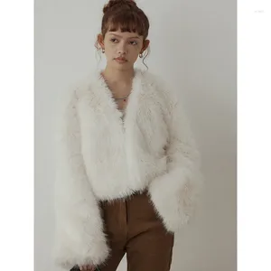 Pele feminina muxi icônico moda inverno casual com decote em v versátil cor sólida versão limpa casacos curtos