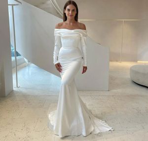 White Mermaid Evening Pageant Dress 2024 Pleat Long Sleeves Off the Shoulder Backless Satin Prom Party Formal Gowns Vestidos De Feast Robe De Soiree