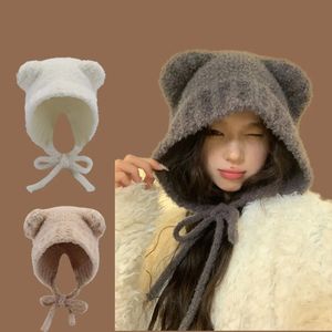 Trapper Hüte Lambhair Winter Harajuku y2k Beanies Strickmütze Frauen Schnürung Warm Dicke Hip Hop Skullcap Kurze Unisex Basic Cap Bomber 231219