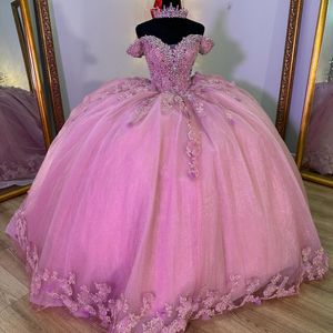 Rosa brilhante quinceanrea vestidos 2024 querida xv apliques rendas contas de cristal doce 16 princesa vestido de 15 quinceanera