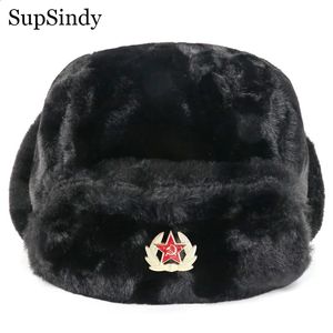 Cappelli da cacciatore SupSindy Distintivo sovietico Colbacco Uomo Donna Bomber CCCP Esercito Pilota Trooper Cappello Inverno Finta pelliccia di coniglio Paraorecchie Cappellini da neve 231219