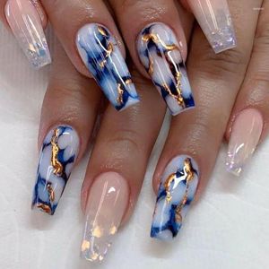 False Nails 24st T-Shape Fake Blue Purple Halo Dying Ballerina French Nail Waterproof Faux FingerNails Full Cover Tips