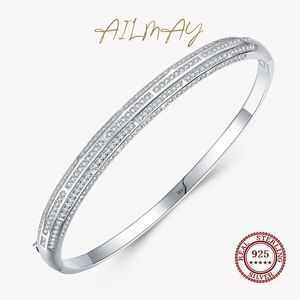 Bangle Ailmay Genuine 925 Sterling Silver Classic Luxury Round Clear CZ Bracelets For Women Wedding Accessories Jewelry 231219