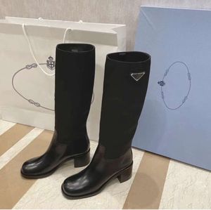 New Triangle panelled Knee-High Boots high quality nylon chunky block heel tall leather sole Women's luxury designers Fashion Party Dress shoes factory footwear 25