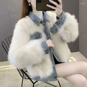 Women's Fur DEOXDMZI Fashion Coat Winter Denim Button Imitation Thickened Short