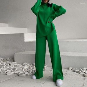 Zweiteilige Damen-Hosen, grüne Pullover und Hosen-Sets, lange Herbst- und Sommer-Strick-Frühlingsanzüge, Top, Y2k-Pullover, gerade 2023