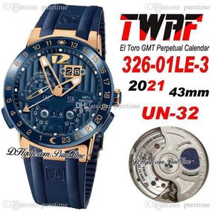 TWAF Executive El Toro UN-32 Automatik-Herrenuhr GMT Ewiger Kalender Roségold Blaues strukturiertes Zifferblatt Kautschukarmband 326-01LE-3 Supe190h