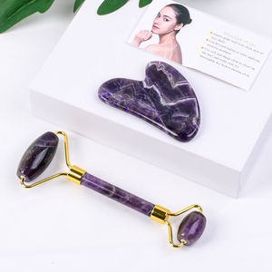 Handheld Jade Roller And Guasha Gift Set Facial Massager Natural Stone Amethyst Face Roller Slimming Anti Wrinkle Beauty Health