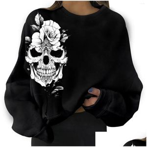 Sweats à capuche pour femmes Sweatshirts Gothic Skl Imprimer Sweat à capuche Femmes Casual Sweat-shirt à col rond Harajuku Plover Tops Streetwear Dames Lâche Sud Dhmak