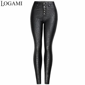 Kvinnor Pants Capris Logami High midja Leopard PU Leather Women Button Faux Skinny Woman Trousers 231218