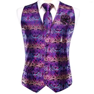 Men's Vests Hi-Tie Silk Men Vest Purple Teal Gold Paisley Waistcoat Neck Tie Hanky Cufflinks Brooch Set For Suit Wedding Party Designer