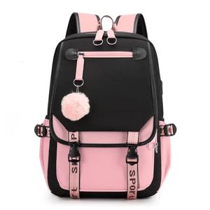 Borse da scuola Borse da scuola grandi per ragazze adolescenti Porta USB Zaino in tela Borsa per libri per studenti Moda Nero Rosa Zaino per adolescenti 231219