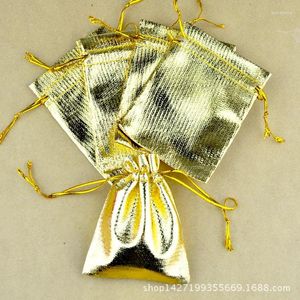 Envoltório de presente 100 pçs/lote pano de folha metálica 7/9cm sacos de cordão cor de ouro jóias embalagem de casamento