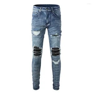Jeans da uomo High Street Fashion Uomo Retro Blu Elastico Sottile Foro Strappato In pelle Rattoppato Designer Pantaloni Hip Hop di marca Hombre