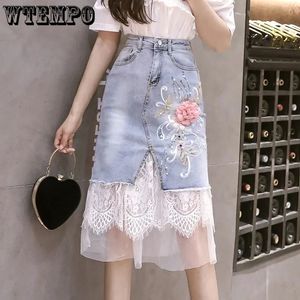 Etekler Tül Jean Kadınlar İçin 3D Çiçek Nakamı Dantel Patchwork Açık Mavi Harajuku Kot Penerler Etek Denim Faldas Jupe 231219