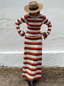 Casual Dresses Contrast Striped Knitted Cotton Women Fashion O-Neck Long Sleeve Slim Backless Maxi Dress Lady Bodycon Vestidos