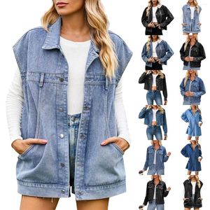 Kvinnors västar 2024 Fashion -knapp upp denimväst för kvinnor vår höst vintage jeanrock kläder lösa stora fickan lapel streetwear