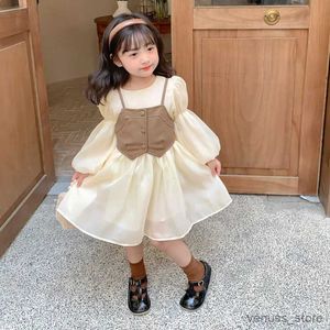 Flickans klänningar Autumn Khaki 2st Västklänning Elegant Lolita barnflickor Casual Midi Dress Children Dresses For Teens Party Princess Ball Gown