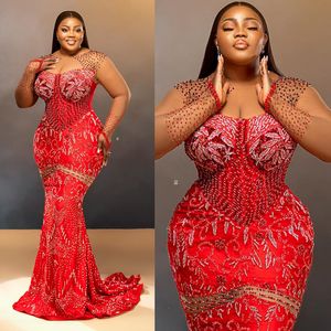 2024 Plus Size Aso Ebi Prom klänningar Afrikansk arabisk sjöjungfru Sheer Neck Långärmar Lace Appliqued Pärlad kväll Formell klänning för svarta kvinnor Girls Reception AM228