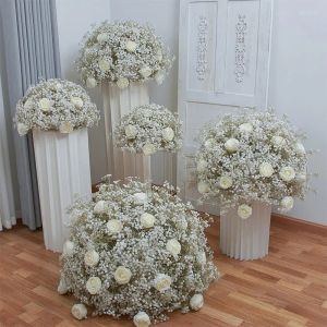 Decorative Flowers 80/70/60/50/40cm White Baby Breath Rose Artificial Flower Ball Wedding Table Centerpiece Deco Gypsophila Floral Event LL