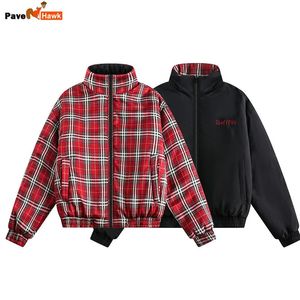 Men's Fur Faux Vintage Doublesided Jacket Parka Men Women Cropped Plaid winter Thicken Stand Collar Loose Coat Street Outwear Lightweight 231218