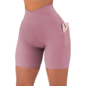 Leggings Buttery weiches Kreuz über Biker -Shorts Frauen gegen Taille -Training Kurzer Leggings Fitness Phone Taschen keine vordere Naht 5 