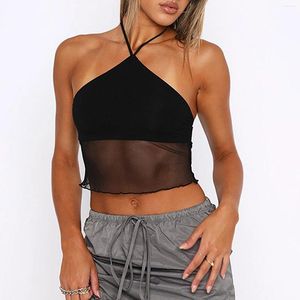 Camisoles & Tanks Mesh Lingerie Womens Sexy Solid Colors Net High Neck Short Top Vest Underwear Fashion Backless Slim Fit Suspenders