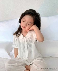 Pajamas New Kid Girl Turndown Collar Pajama Sets.Summer Toddler Kids White Pleated Pyjamas Set Cute Home Sleepwear.Childrens Clothing