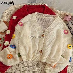 Women's Sweaters Cropped Cardigan 3D Flower V-neck Kawaii Retro Design All-match Mujer Sweater Tender Girlish Aesthetic Fall New Arrival UlzzangL231213