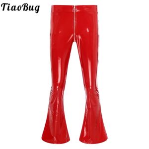 Men's Pants Mens Glossy Patent Leather Flare Zipper Crotch Bottom Long Wet Look Male Low Waist Trousers Nightclub Disco Dance 231218