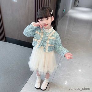 Girl's Dresses Girls Dress 2023 Spring Autumn Korean Style Long Sleeve Jacket + Mesh Princess Vest Dress for Children Mode Set barnkläder