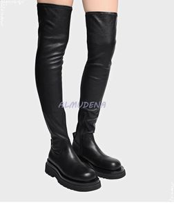 Stiefel, flach, dicke Sohle, Plattform, spitzer Zehenbereich, Overknee-Stiefel, Damen-Winter, sexy, seitlicher Reißverschluss, lange schwarze Leder-Oberschenkelhohe Stiefel 231219