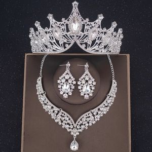 チェーン3PCSクリスタルクラウンネックレスイヤリングセットブライダルジュエリーウェディングヘアアクセサリーTiaras and Crowns 231219