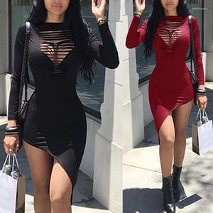 Casual Dresses 2023 Fashion Women Street Clothing Long Sleeve Hollow Out Irregular Sexy Slim Pullover O Neck Mini Wine Red&Black