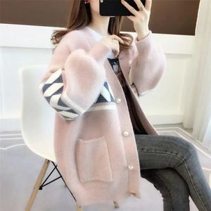 Mulheres suéteres vison malha jumper camisola oversized malha cardigan coreano solto preguiçoso botão superior rosa quente jaqueta macia 231219