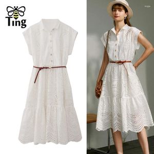Party Dresses Tingfly Summer Fashion Lace Hollow Out Brodery Button Up A Line Casual Dress France Chic Classic Street With Belt