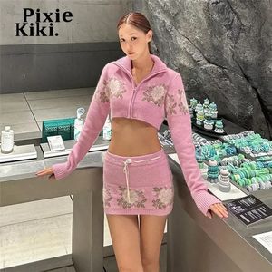 Zweiteilige Damenhose PixieKiki 2 Strickjacke Minirock Set Outfits Y2k Koreanische Mode Langarm Pullover Kleider für Frau P96 HI42 231219