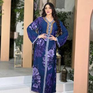 Roupas étnicas Verão Muçulmano Elegante Mulheres Manga Longa V-Pescoço Poliéster Verde Roxo Azul Abaya Maxi Vestido Moda Vestidos