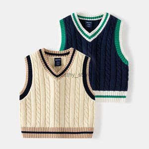 Pullover 2023 Autunno Inverno Bambini Ragazzi Gilet lavorato a maglia con scollo a V Bordo contrasto maglione senza maniche in cotone Pullover Bambini Ragazzi VestL231215