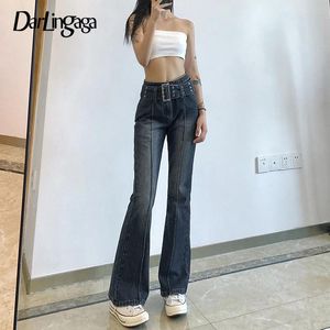 Jeans darlingaga vintage mode låg midja jeans kvinnor streetwear bälte flare byxor het mager denim byxor koreanska mamma jeans kläder