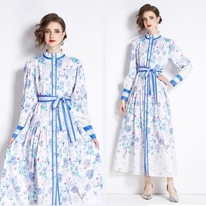 Designer Elegant Print Fit Vacation Dress Robe Woman Mock Neck Slim Lace Up Bow Ruched Party Boho Maxi Dresses 2024 Spring Fall Chic Runway Long Sleeve Floral Ballgown