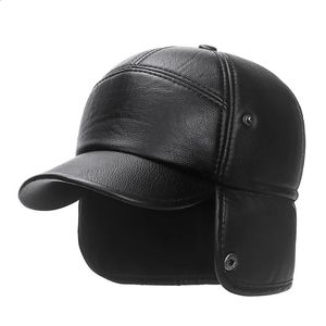 Trapper Hats Winter Bomber Hat Men Women Russian Black Leather Ushanka Cap With Ear Flaps Fur Warm Brand Baseball 231219