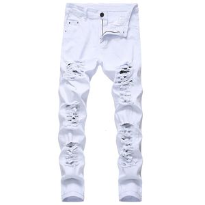 Erkek kot pantolon düz delik yıkım pantolon sıkıntılı erkekler denim moda tasarımcısı marka beyaz pantolon erkek büyük boy 231218
