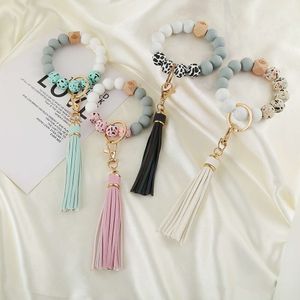 New Arrival Silicone Key Ring Beaded Bangle Keychain Wristlet Leather Tassel Bracelet for Women