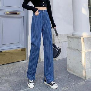 Pantaloni da donna 2023 Jeans a vita alta stile coreano primavera autunno per donna Pantaloni a gamba larga dritti divisi a righe larghe alla moda