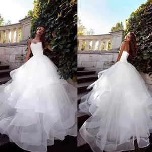 Stunningbride 2024 Latest Strapless Ball Gown Simple Wedding Dresses Ruched Tulle Sweep Train Corset Lace-Up Back Simple Bridal Custom Made