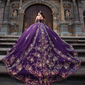 Блестящее фиолетовое бальное платье Quinceanera Dress 2024 Милая аппликация из кружева и бусин для дня рождения Sweet 16 Vestidos De 15 Anos